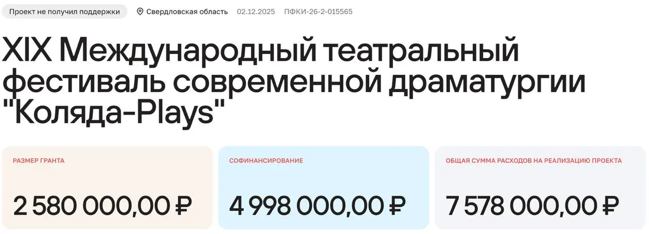 Организаторы просили у Президентского фонда культурных инициатив 2,6 млн рублей, но получили отказ — на проведение фестиваля требуется 7,6 млн. Между тем гранты получили 12 проектов из Свердловской области.