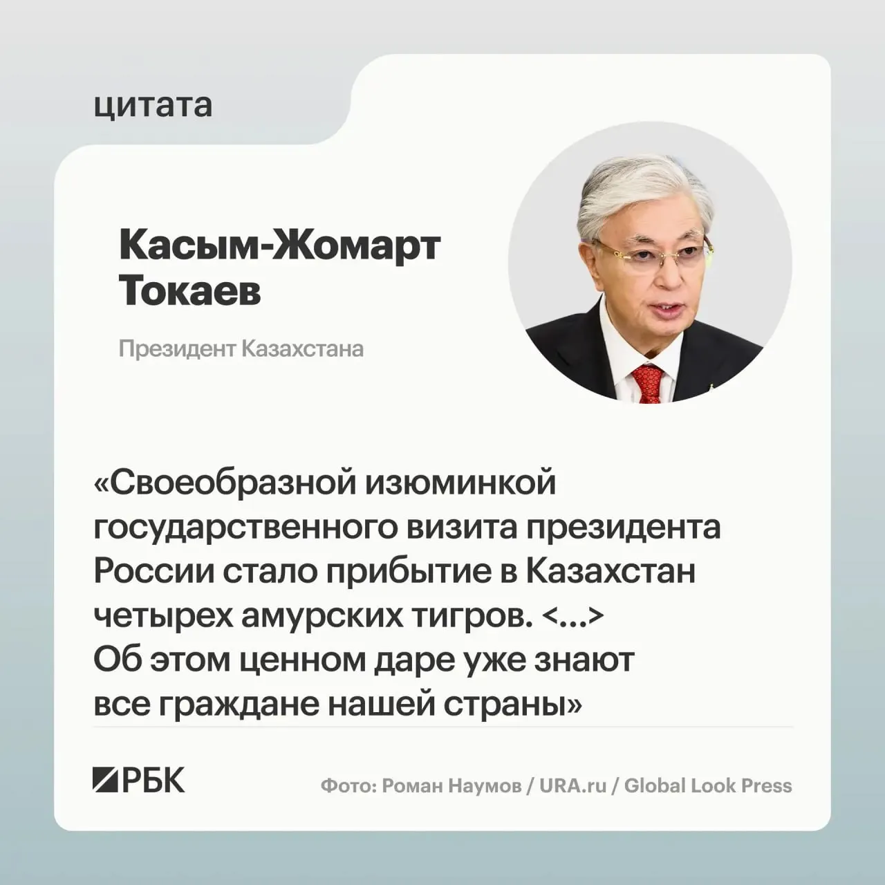 Казахстан обратился к России с просьбой помочь в возрождении популяции амурского тигра. Москва откликнулась и передала в Астану семейную группу тигров — главам государств показали презентацию о животных.