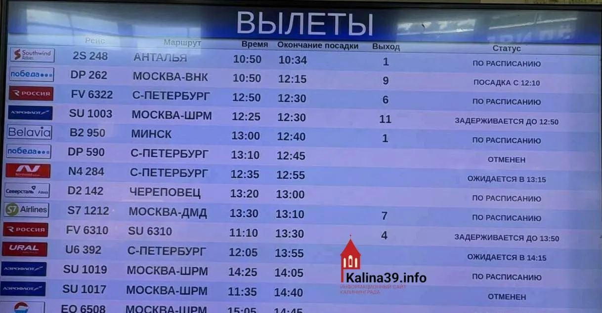 В аэропорту Калининграда в терминале скопились пассажиры: как минимум 11 рейсов из Москвы, Петербурга и Екатеринбурга задерживаются от 25 минут до четырёх часов. Официальных причин не называют, возможна связь с атаками БПЛА.