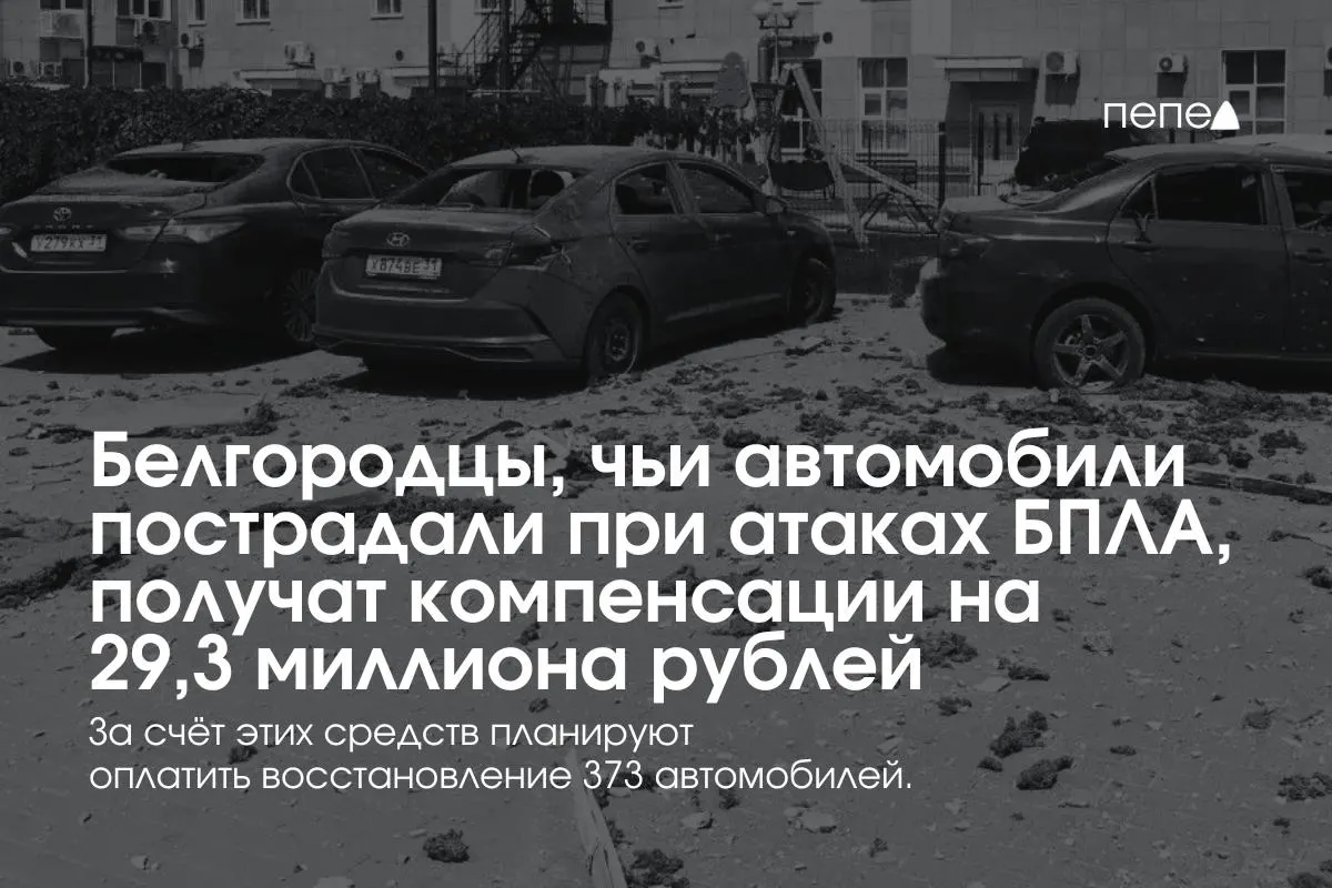 Власти Белгородской области распределят 29,3 млн рублей между 373 владельцами автомобилей, пострадавших при обстрелах и атаках беспилотников; в среднем по 78,5 тыс. рублей на машину.