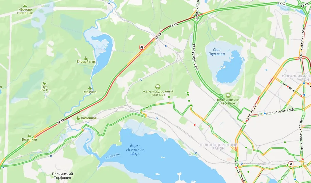 На Екатеринбургской кольцевой автодороге (ЕКАД) зафиксирована 12‑километровая пробка. На карте отмечено ДТП, информацию уточняют в Госавтоинспекции.