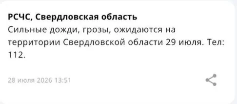 Спасатели предупреждают: в Свердловской области завтра пройдут сильные дожди и грозы. В Екатеринбурге днем до +28°, вечером возможен дождь — возьмите зонт.