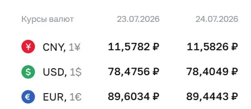 На 24 июля официальный курс доллара упал на 7 копеек до ₽78,40, евро — на 16 копеек до ₽89,44; юань почти без изменений.
