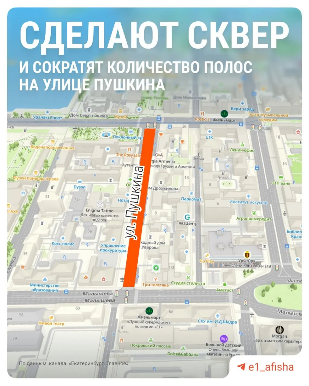 Проезжую часть на Пушкина планируют сократить с четырёх до двух полос: освободившееся место займут парковочные карманы, широкие тротуары и отдельные велодорожки. Также высадят деревья и кустарники, установят скамейки и урны; работы хотят завершить к 1 сентября.