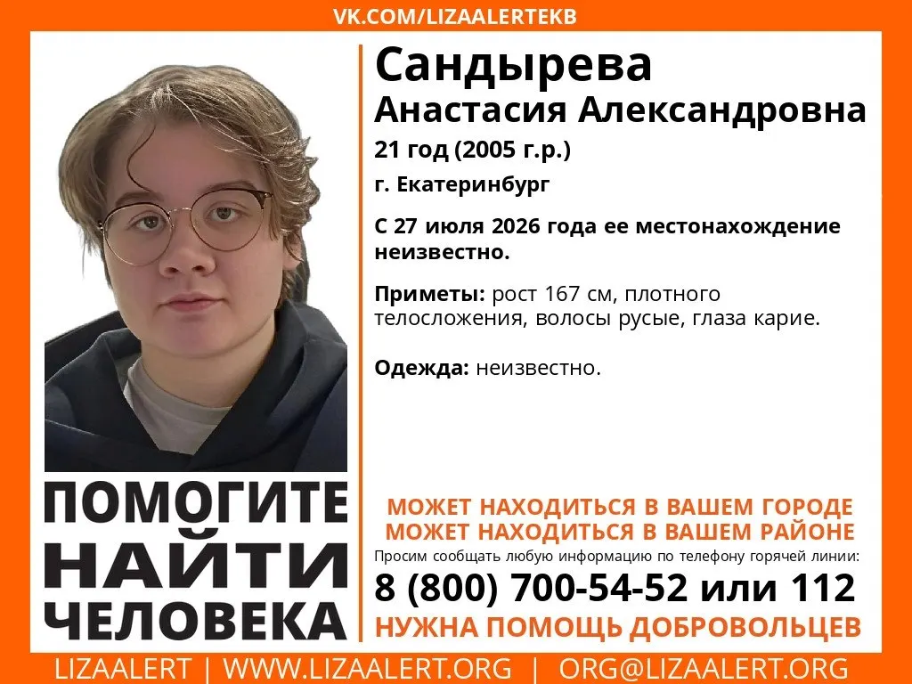 21‑летняя Анастасия Сандырева ушла из дома 27 июля и не вернулась. Родственники сообщают об угрозах со стороны мошенников; полиция и волонтёры занимаются поиском.