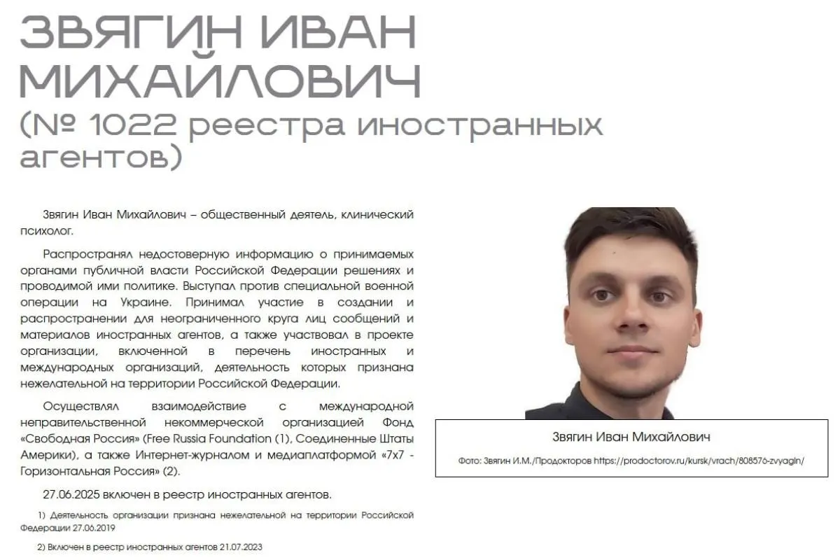 Иван Звягин обратился в суд с требованием признать действия Минюста нарушением прав после размещения его данных в разделе ведомства, посвящённом «иностранным агентам».