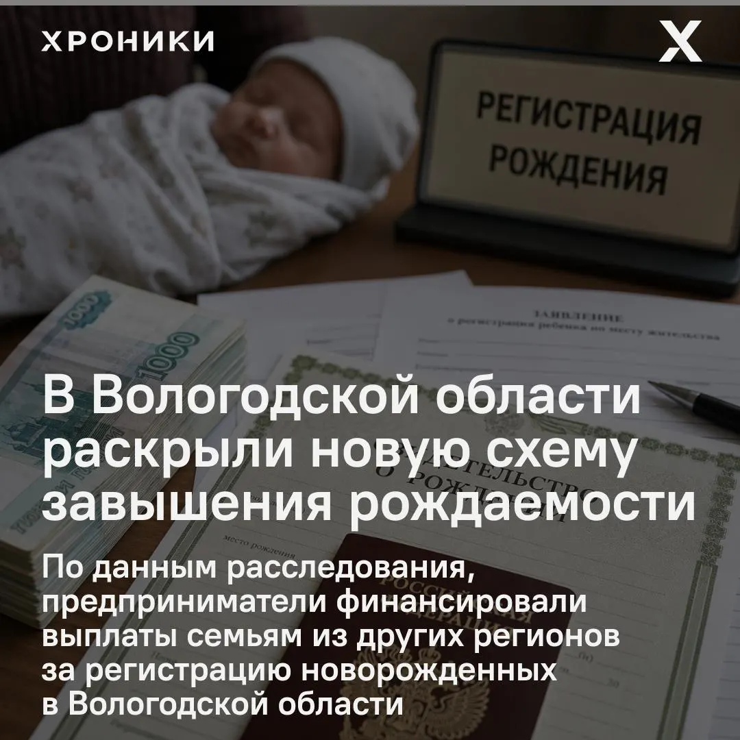 В опубликованных документах говорится о перечислении 15 млн рублей и выплатах по 100 тысяч рублей семьям за регистрацию детей в Вологодской области; материалы намерены направить в федеральные органы для проверки.