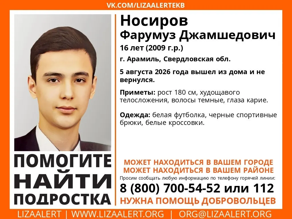 16-летний Фарумуз Носиров пропал в городе Арамиль. По данным отряда «ЛизаАлерт», местонахождение юноши неизвестно с 5 августа. Приметы: рост 180 см, худощавое телосложение, темные волосы, карие глаза.
