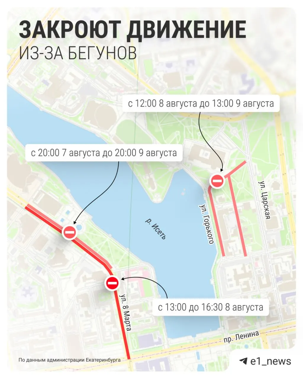 Центр Екатеринбурга перекроют 9 августа из‑за марафона «Европа — Азия»: участники пробегут дистанции 3 км, 10 км, 21,1 км и 42,2 км; на маршрутах ограничат движение, парковку и проезд электросамокатов.