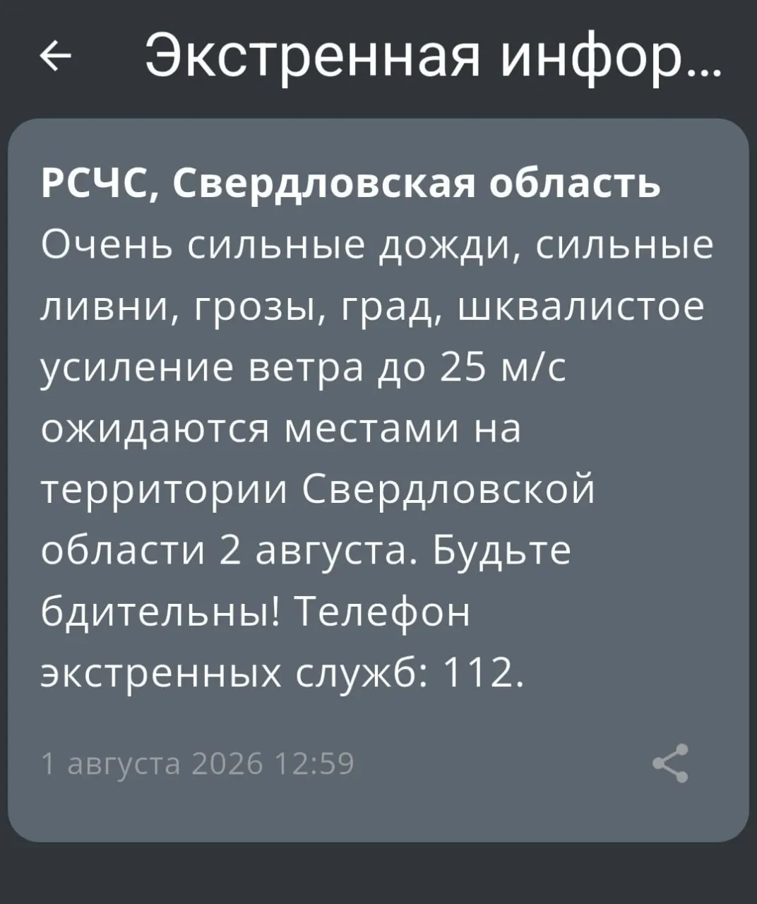 Спасатели предупреждают о резком ухудшении погоды в регионе — ливни, град и порывы ветра до 25 м/с. По возможности лучше оставаться в помещениях и избегать поездок.