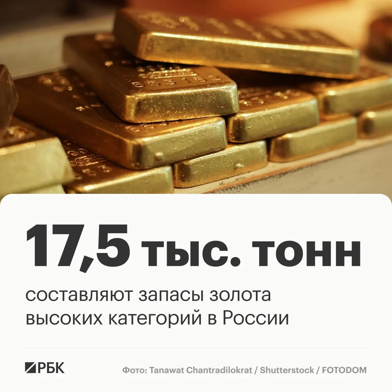 Запасы золота России оцениваются примерно в 17,5 тысяч тонн; при текущем уровне добычи они будут поддерживать лидирующие позиции около 30 лет. Россия занимает третье место в мире по запасам золота и второе — по добыче.