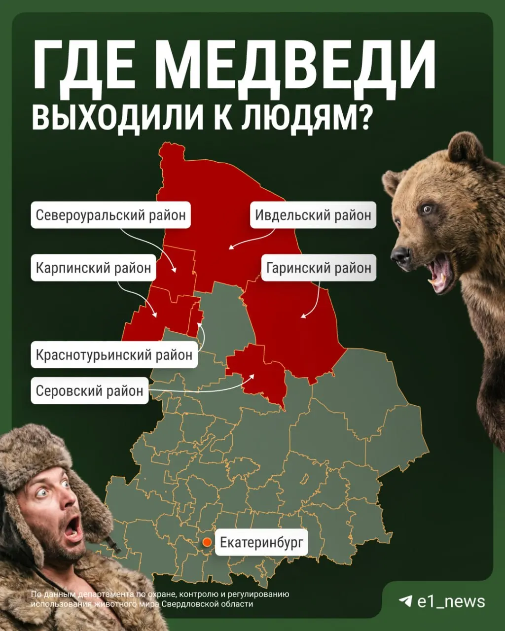 Медведи всё чаще появляются в населённых пунктах региона: наблюдения зафиксированы в Горном Щите и Ивделе; составлена карта наблюдений по региону.