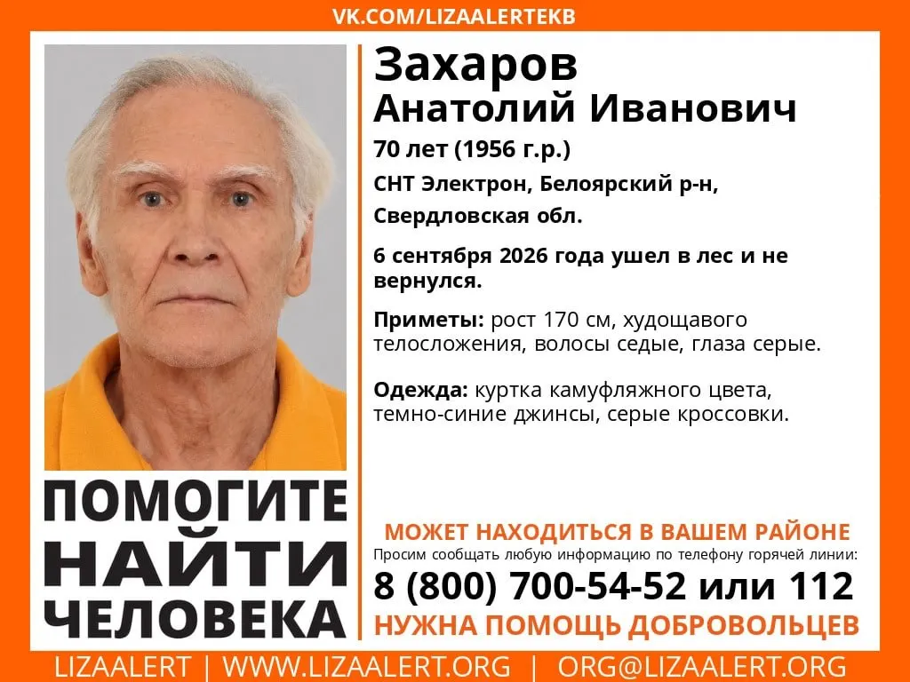 6 сентября мужчина ушёл за грибами в Белоярском районе и не вернулся; поисковые отряды прочёсывают лес, близкие переживают. Есть ориентировки на железной дороге и в поселке Прохладный.